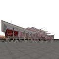 Modern Train Station Exterior With White Roof Red Walls White Pillars Spacious Square And Pedestrians