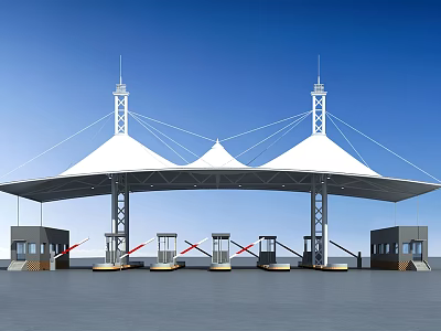 White Membrane Roof Toll Gate Entrance With Tall Pillars Toll Booths And Barriers 3d model