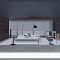 Modern Minimalist Living Dining Room Interior With Large Windows Blinds Arched Floor Lamp Beige Sofa