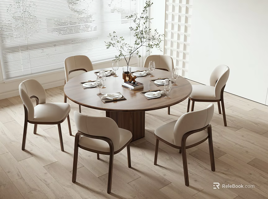 Modern Round Dining Table Set with Six Chairs Tableware and Vase Plant on Wooden Floor 3d model 