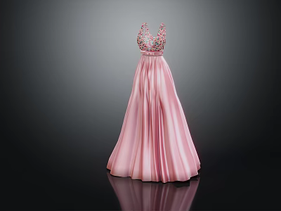 Elegant Pink Evening Dress With Beaded Bodice And Pleated Skirt 3d model