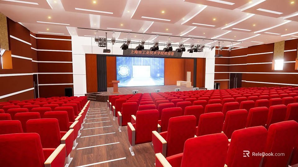 School Auditorium Interior Design With Red Seats Stage And Large Projection Screen 3d model 