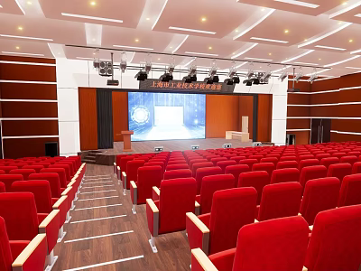 School Auditorium Interior Design With Red Seats Stage And Large Projection Screen 3d model