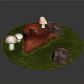 Wooden Tree Stump With Red Mushrooms And Stone Rocks On Green Grass