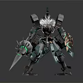 Detailed Armored Fantasy Character With Green Glowing Spear And Mechanical Armor