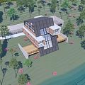 Modern Guesthouse Building With Large Windows On Sloped Terrain Surrounded By Trees And Pink Flowers