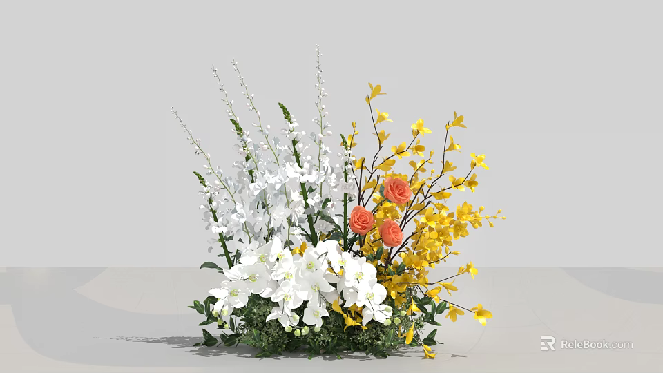 Decorative Floral Arrangement With White Yellow Orange Flowers And Green Leaves 3d model 