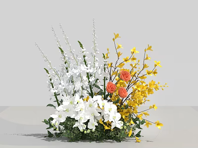 Decorative Floral Arrangement With White Yellow Orange Flowers And Green Leaves 3d model