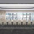 Modern Glass Partition With Metal Frame And Perforated Pattern On Gray Concrete Wall