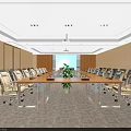 Modern Conference Room Interior With Long Table White Chairs Central Green Plant And Ceiling Lights