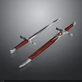 Two Ancient Decorative Swords With Red Hilts Metal Blades And Ornate Scabbards