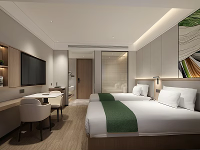 Modern Minimalist Hotel Room Featuring Twin Beds Green Runners Desk TV Artwork And Wooden Accents 3d model
