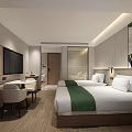 Modern Minimalist Hotel Room Featuring Twin Beds Green Runners Desk TV Artwork And Wooden Accents