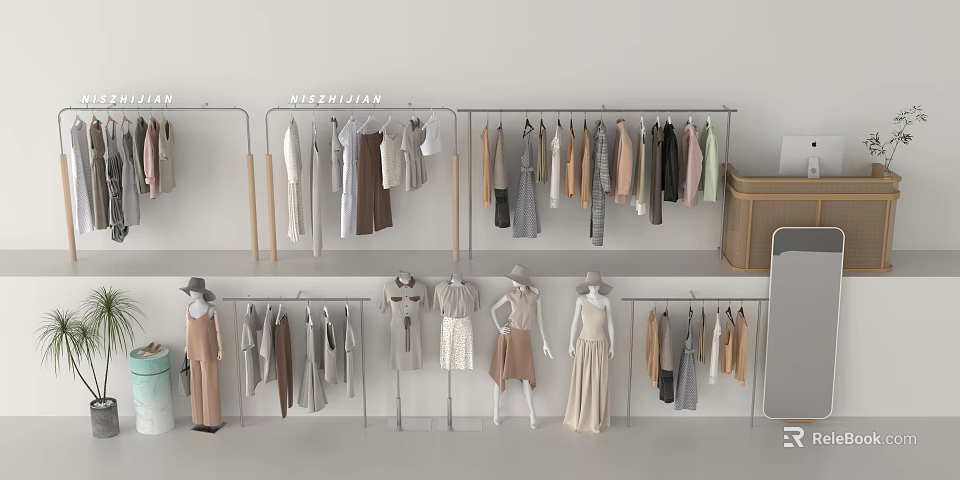 Modern Multi Tiered Clothing Hangers with Various Garments for Fashion Retail 3d model 