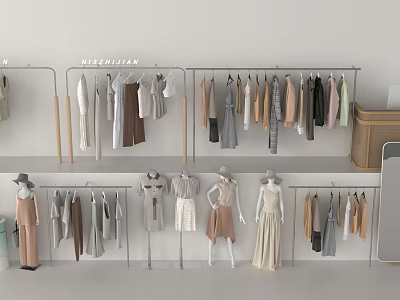 Modern Multi Tiered Clothing Hangers with Various Garments for Fashion Retail 3d model