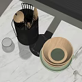 Stylish Kitchen Utensils On Marble Countertop With Wooden Spoons Whisk And Bowls