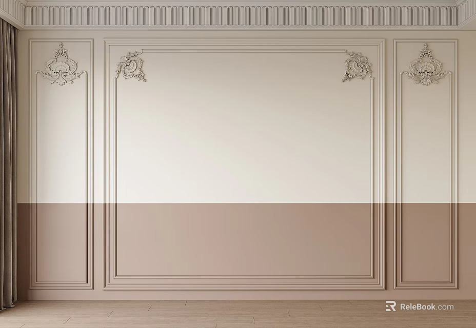 Elegant Interior Wall Design With Decorative Carvings Moldings And Beige Brown Panels 3d model 