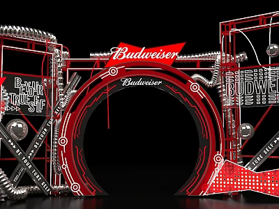Budweiser Event Entrance Design With Red Metal Framework And Circular Arch Elements 3d model