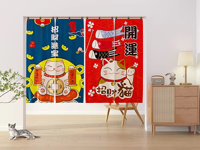 Traditional Festive Kitchen Curtain Featuring Red Blue Lucky Cat And Fortune Symbols 3d model