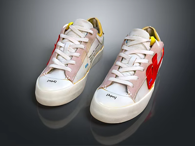 White Stylish Sneakers with Red Floral Design Yellow Accents and Fame Brand Logo 3d model