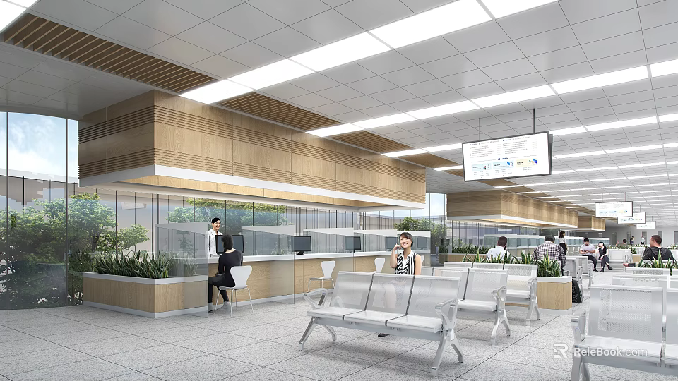 Modern Service Hall With Service Counters Waiting Seats And Digital Screens 3d model 