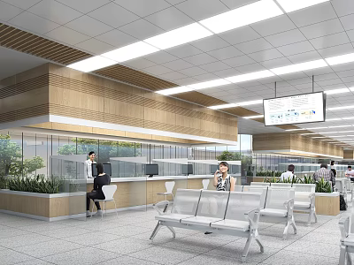 Modern Service Hall With Service Counters Waiting Seats And Digital Screens 3d model