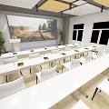 Spacious Conference Room With White Chairs Geometric Wall Design And Ceiling Panels