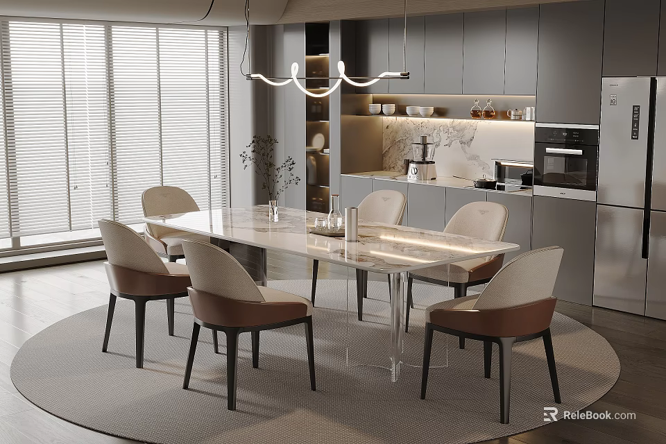 Modern Restaurant Open Kitchen Interior With Dining Table And Pendant Lights 3d model