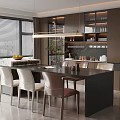Modern Restaurant Interior With Dark Dining Table Chairs Hanging Lights And Wine Cabinet