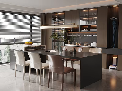 Modern Restaurant Interior With Dark Dining Table Chairs Hanging Lights And Wine Cabinet 3d model