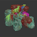 Natural Rock Formation With Rustic Wooden Scaffolding And Small House Structure