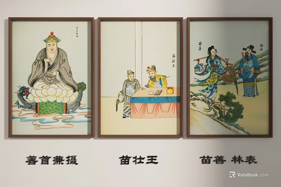 Three Framed Traditional Chinese Figure Paintings With Historical Characters In Traditional Attire 3d model 