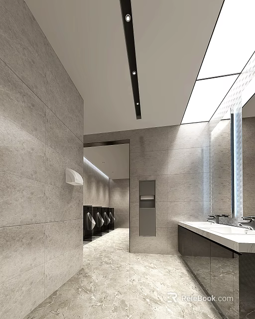 Modern Public Restroom Featuring Gray Tile Walls Stalls Sink Counter Mirror And Skylight 3d model 