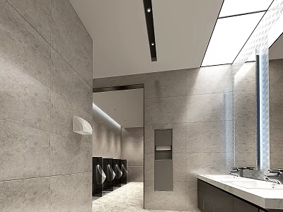 Modern Public Restroom Featuring Gray Tile Walls Stalls Sink Counter Mirror And Skylight 3d model