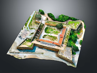 Ancient Fortress Scenic View With Encircling Walls Red Roofs And Green Vegetation 3d model