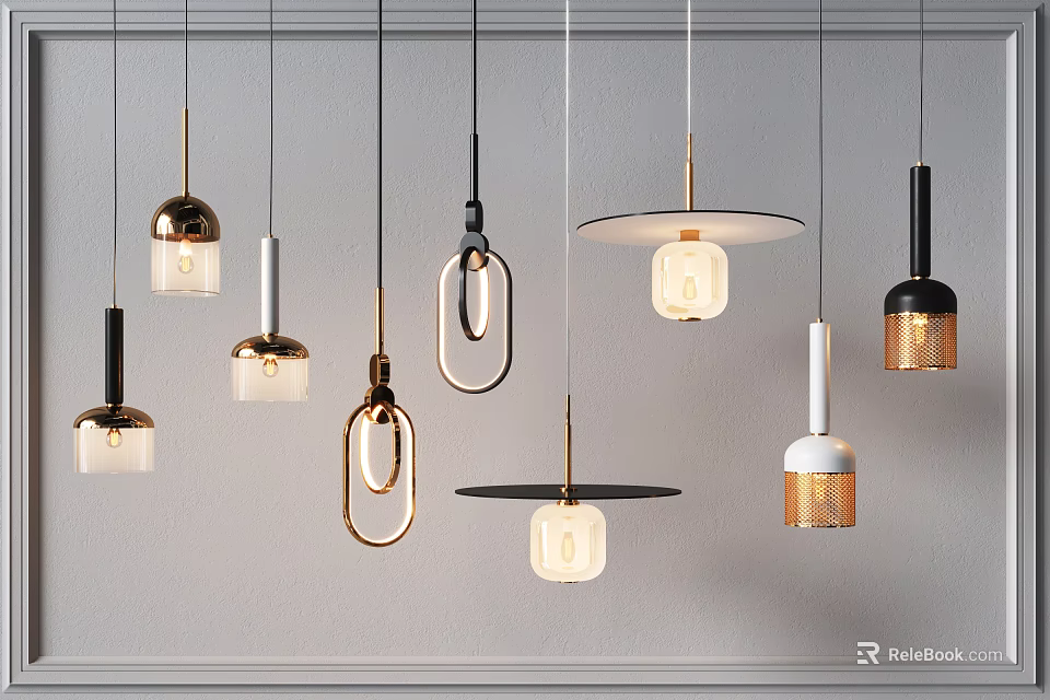 Modern Pendant Lights With Diverse Designs Metallic Frames And Glass Shades 3d model 
