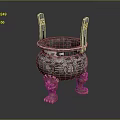 Ancient Metal Tripod Cauldron With Golden Animal Shaped Legs Carved Patterns And Two Side Handles