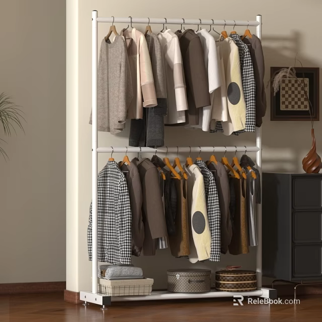 Double Layer Clothes Rack With Hanging Various Style Clothes And Storage Baskets 3d model 