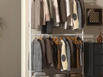 Double Layer Clothes Rack With Hanging Various Style Clothes And Storage Baskets 3d model