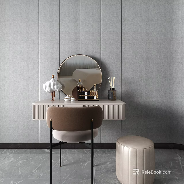 Modern Dressing Table With Round Mirror Chair And Stool In Grey Wall Interior 3d model