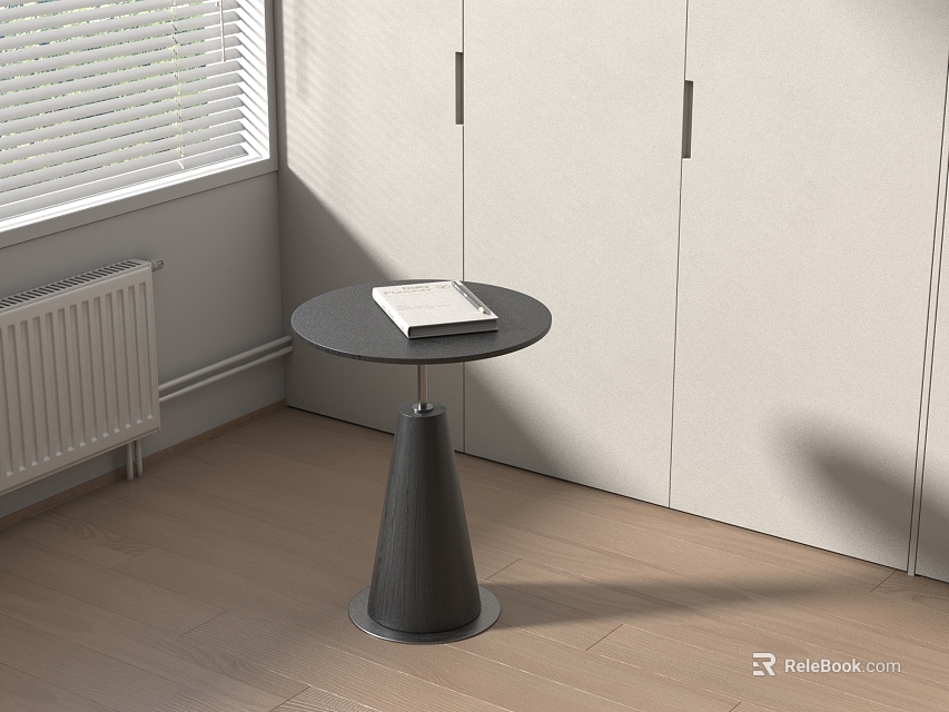 Stylish Modern Round Black Side Table In Interior Corner With White Cabinets And Wooden Floor 3d model 