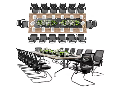 Modern Wooden Conference Table Design With Decorative Green Plants And Black Office Chairs 3d model