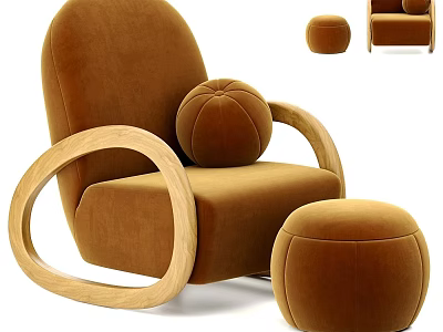 Brown Velvet Single Seater Sofa With Wooden Circular Armrests Round Cushion And Matching Ottoman 3d model
