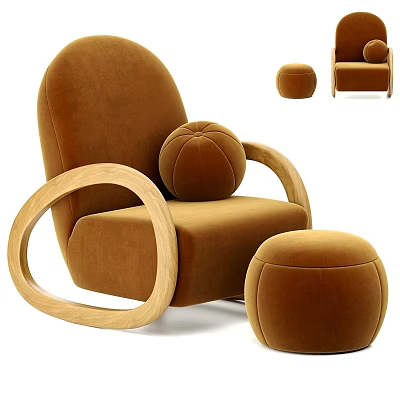 Brown Velvet Single Seater Sofa With Wooden Circular Armrests Round Cushion And Matching Ottoman 3d model