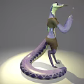 3D Anthropomorphic Lizard Creature Wearing Brown Outfit Holding Microphone Like Object With Purple Yellow Patterns
