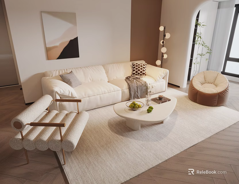 Modern White Sofa Coffee Table Set With Armchair Area Rug And Wall Art 3d model 
