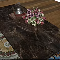 Marble Top Coffee Table and Side Tables Set with Fresh Flowers on Decorative Living Room Rug