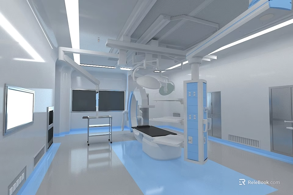 Sterile Operating Room Interior With Surgical Table Lights Medical Equipment And Blue Flooring 3d model 
