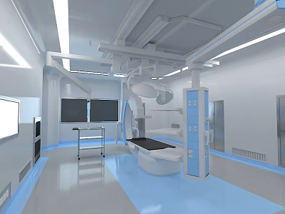 Sterile Operating Room Interior With Surgical Table Lights Medical Equipment And Blue Flooring 3d model