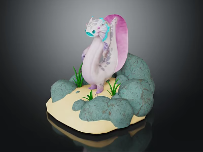Fantasy Creature Character With Pink Body White Wings On Rock And Sand 3d model
